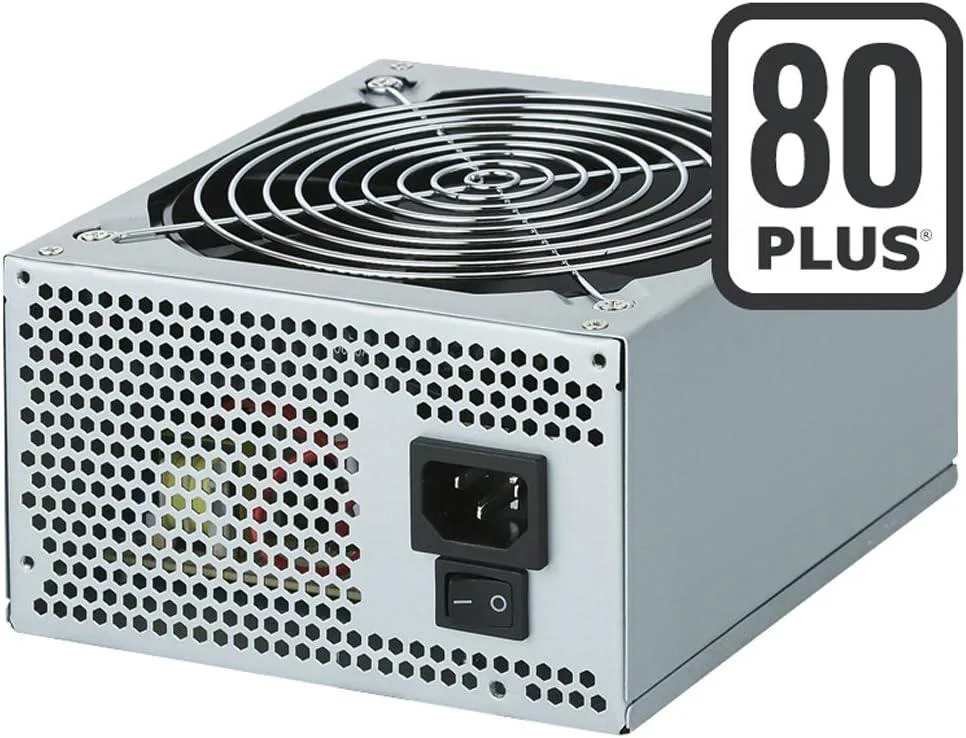 Rectangular metal power supply unit with a 140mm fan grille and cable bundle