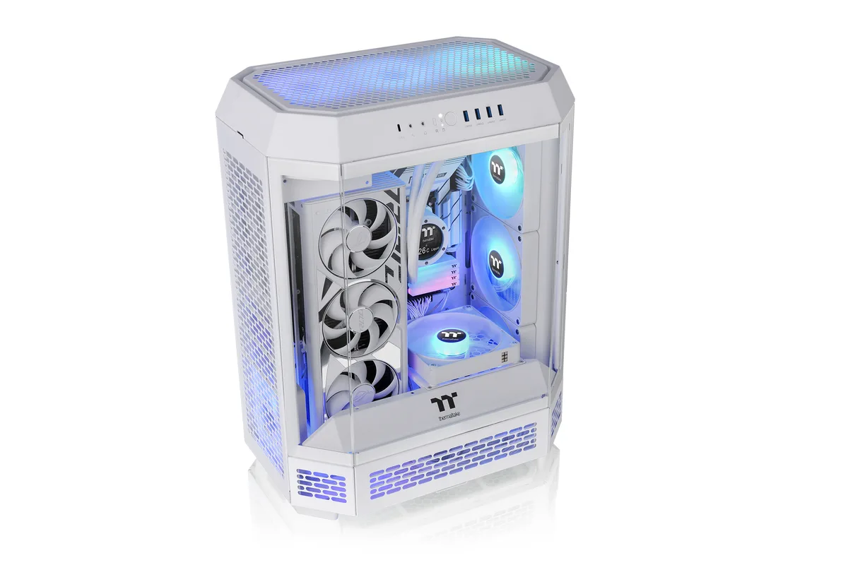 White mid-tower gaming desktop with liquid cooling visible through glass side panel
