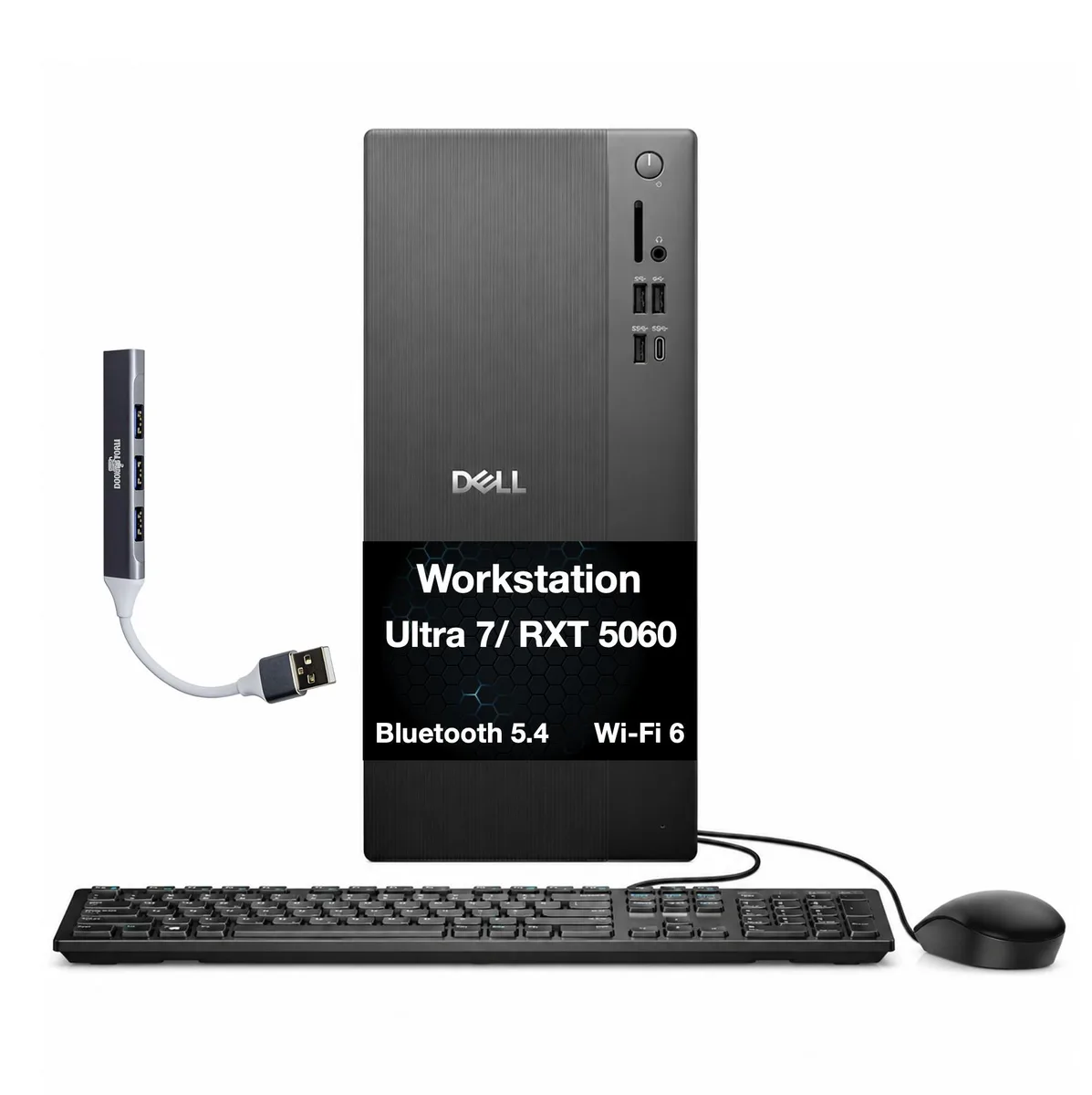 Black Dell tower workstation, 11.5 by 13 by 6.15 inches, USB keyboard and mouse included