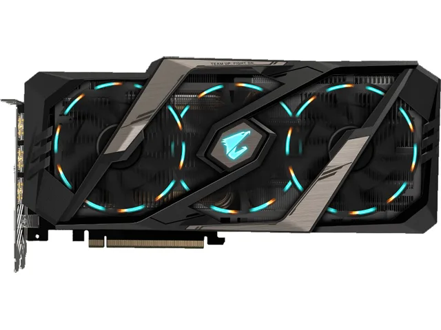 GIGABYTE AORUS RTX 2080 Ti triple-fan card with silver shroud and RGB lighting