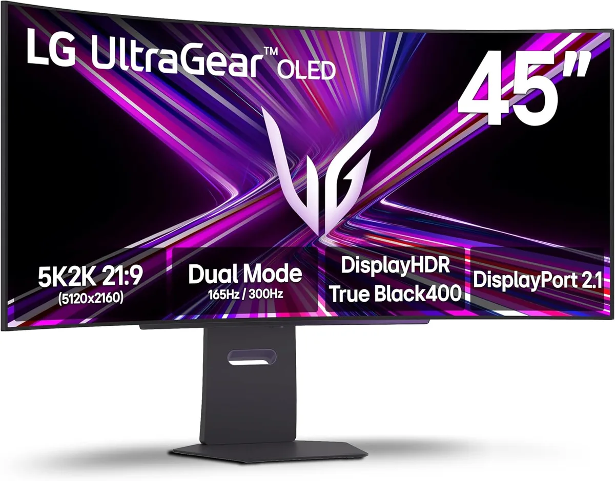 Curved 45-inch black OLED monitor on adjustable stand