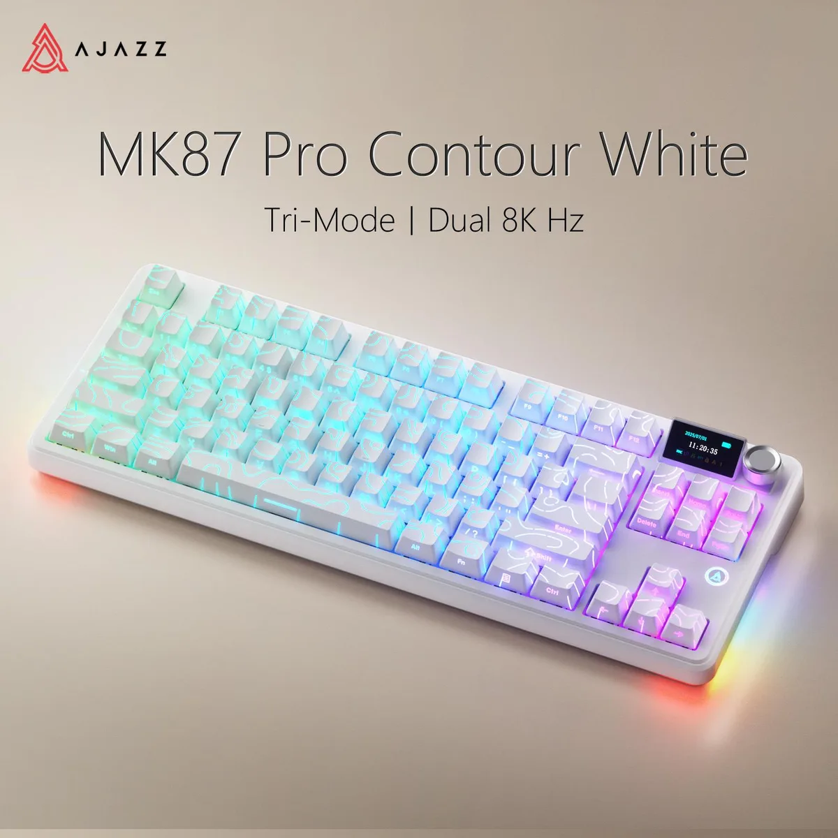 Compact white tenkeyless keyboard with 1.14 inch color screen and metal knob
