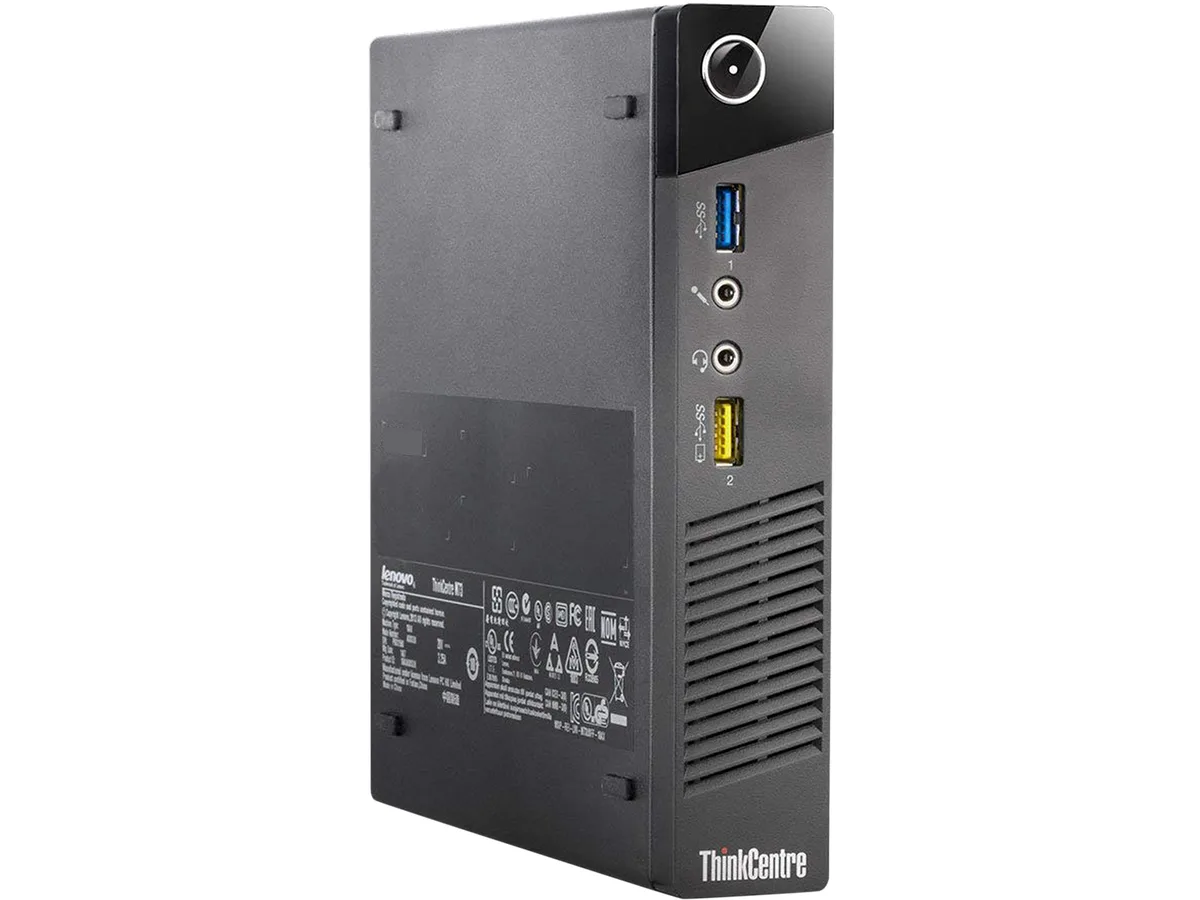 Small black square desktop, tiny form factor, matte finish