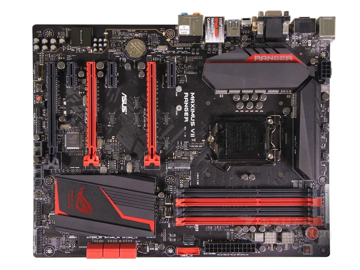 ATX motherboard with black PCB and silver heatsinks