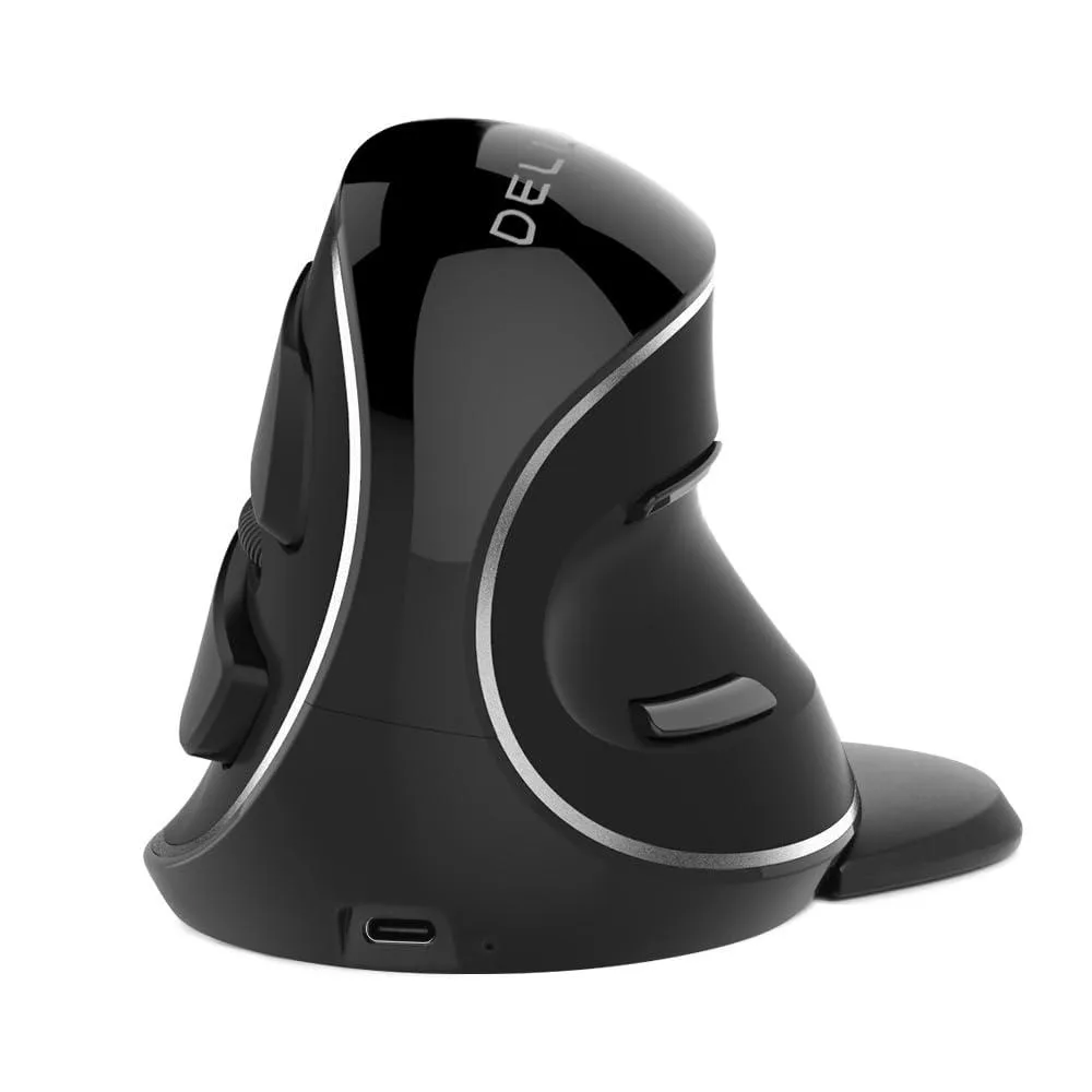 Black vertical ergonomic mouse with removable wrist rest, USB-C cable and 2.4G receiver