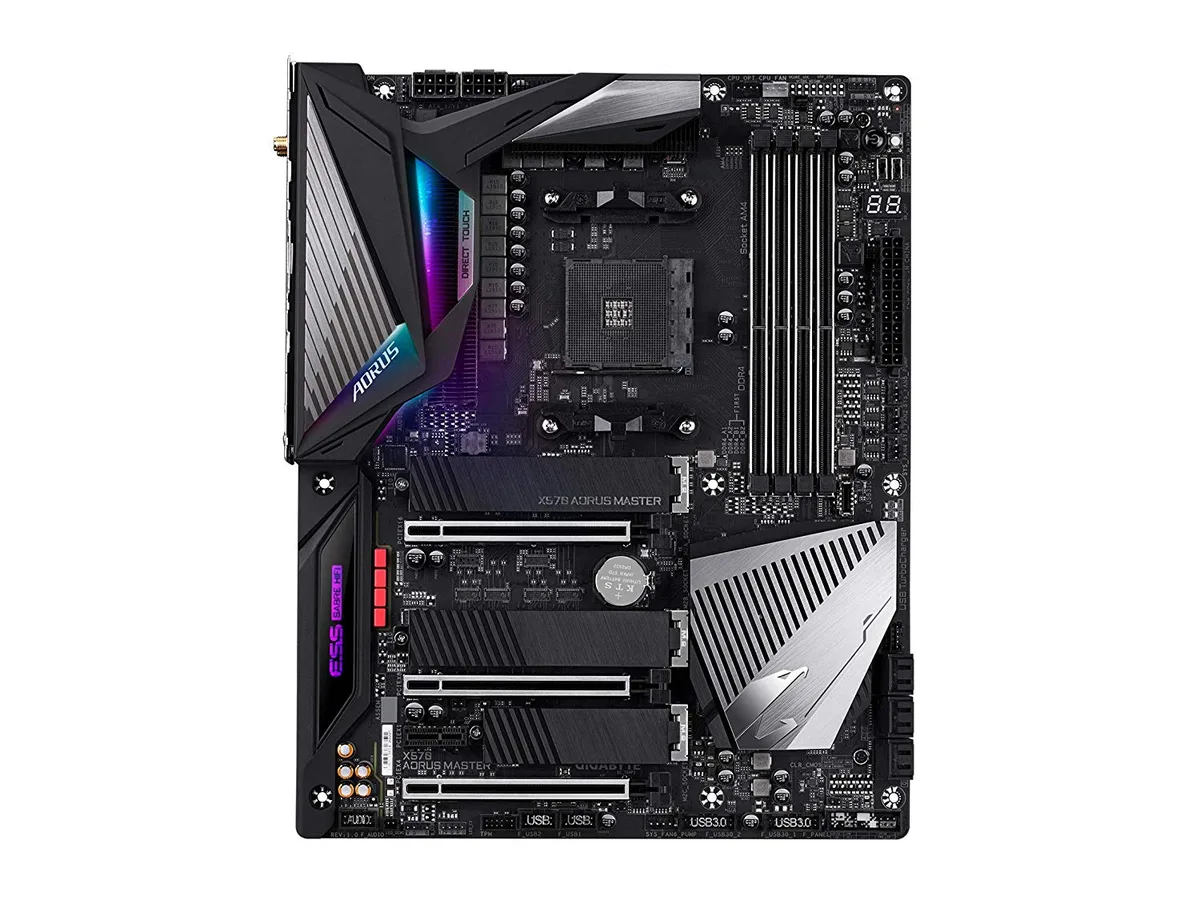 ATX motherboard with dark metallic heatsinks and rear I/O shield