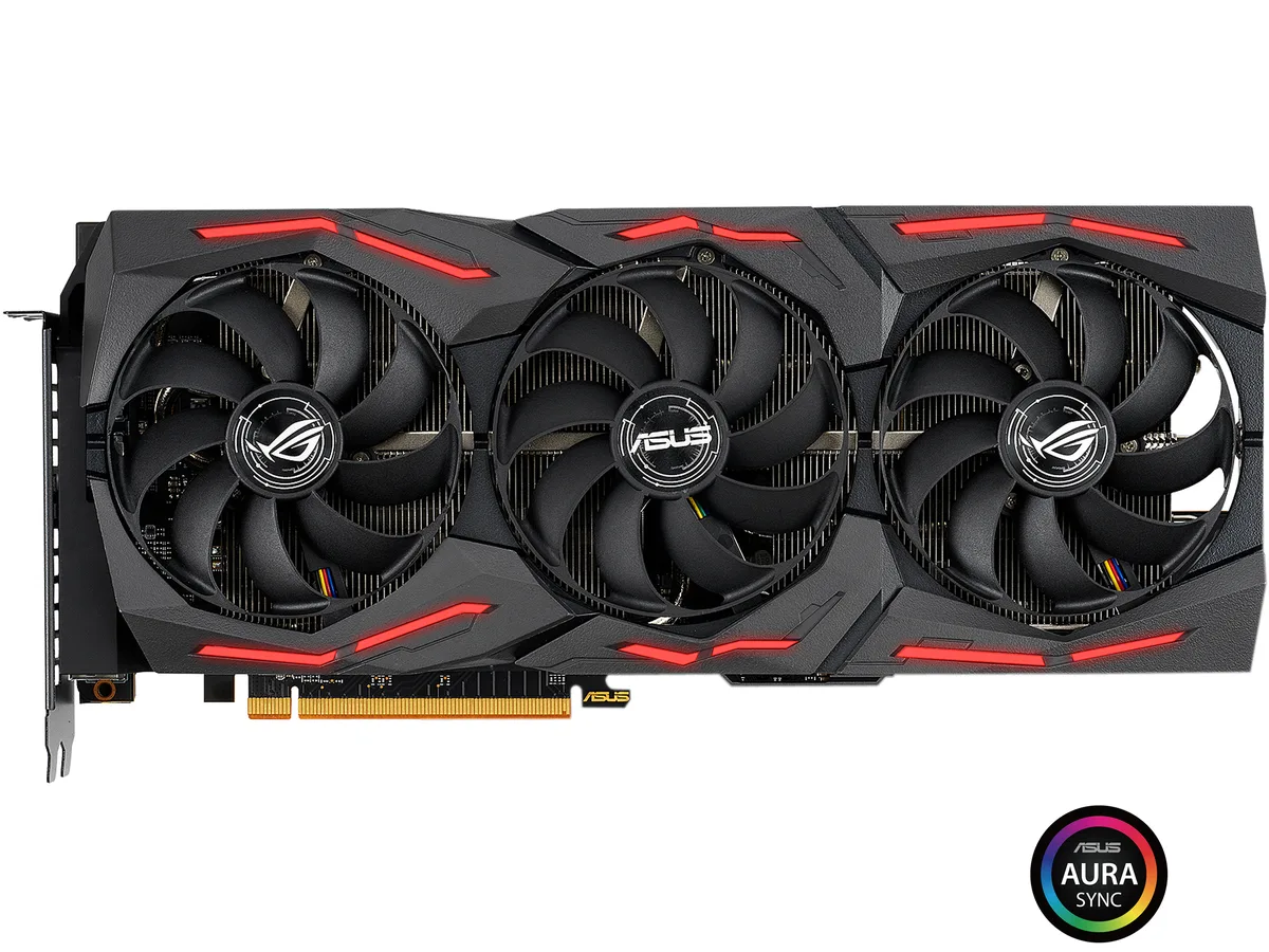 ASUS ROG Strix Radeon RX 5700 graphics card, triple axial-tech fans, 2.7-slot design, brushed metal backplate, silver and black finish