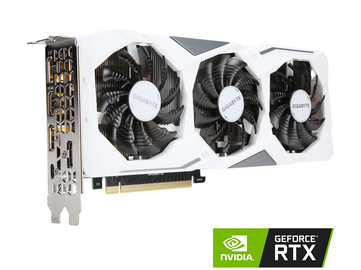 White triple-fan graphics card with metal backplate