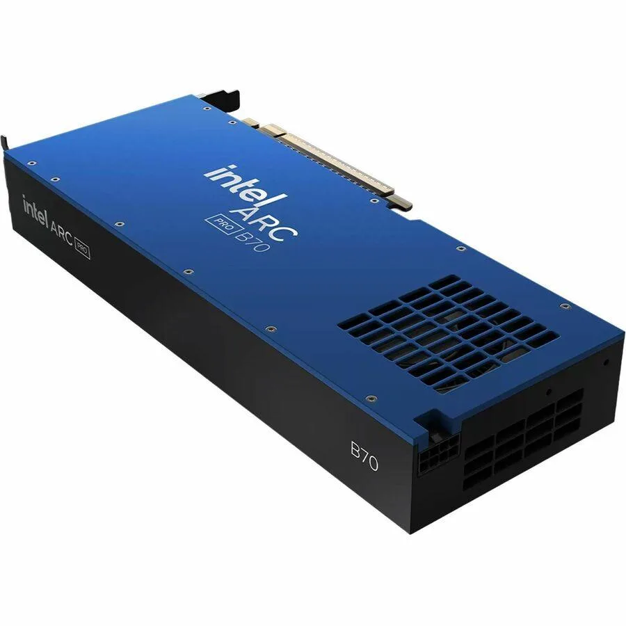 Intel Arc Pro B70 graphics card with dual fans and metal backplate