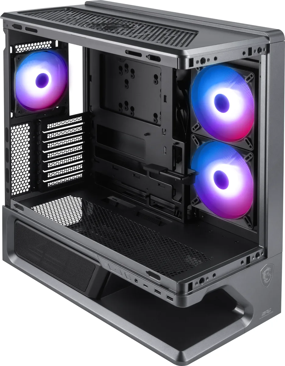 Black mid-tower ATX case with floating base design, L-shaped curved glass side panel, three pre-installed ARGB fans