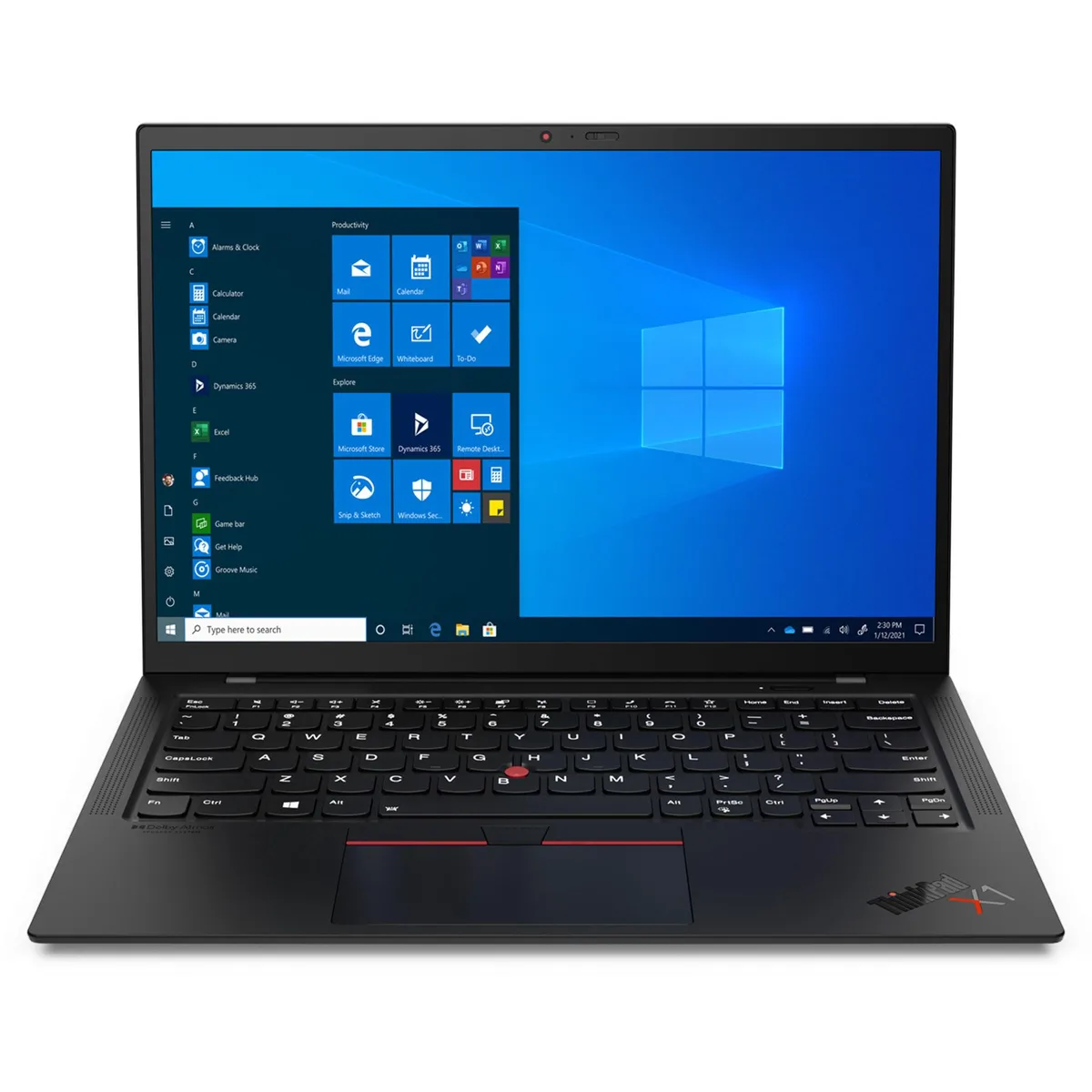 Slim matte-black 14-inch touchscreen laptop with thin bezels and 720p webcam