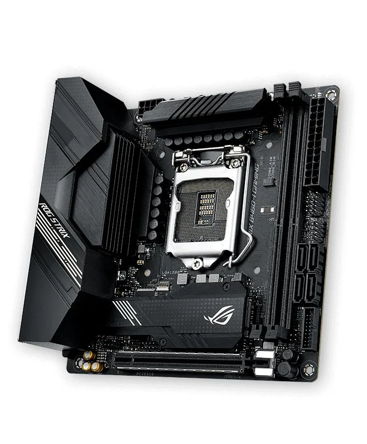 ASUS ROG STRIX B460-I GAMING Mini-ITX motherboard with black heatsinks and silver accents