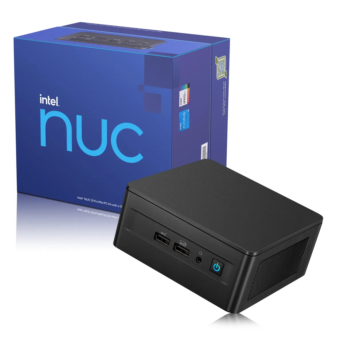 Small black square mini PC with front ports and vented top
