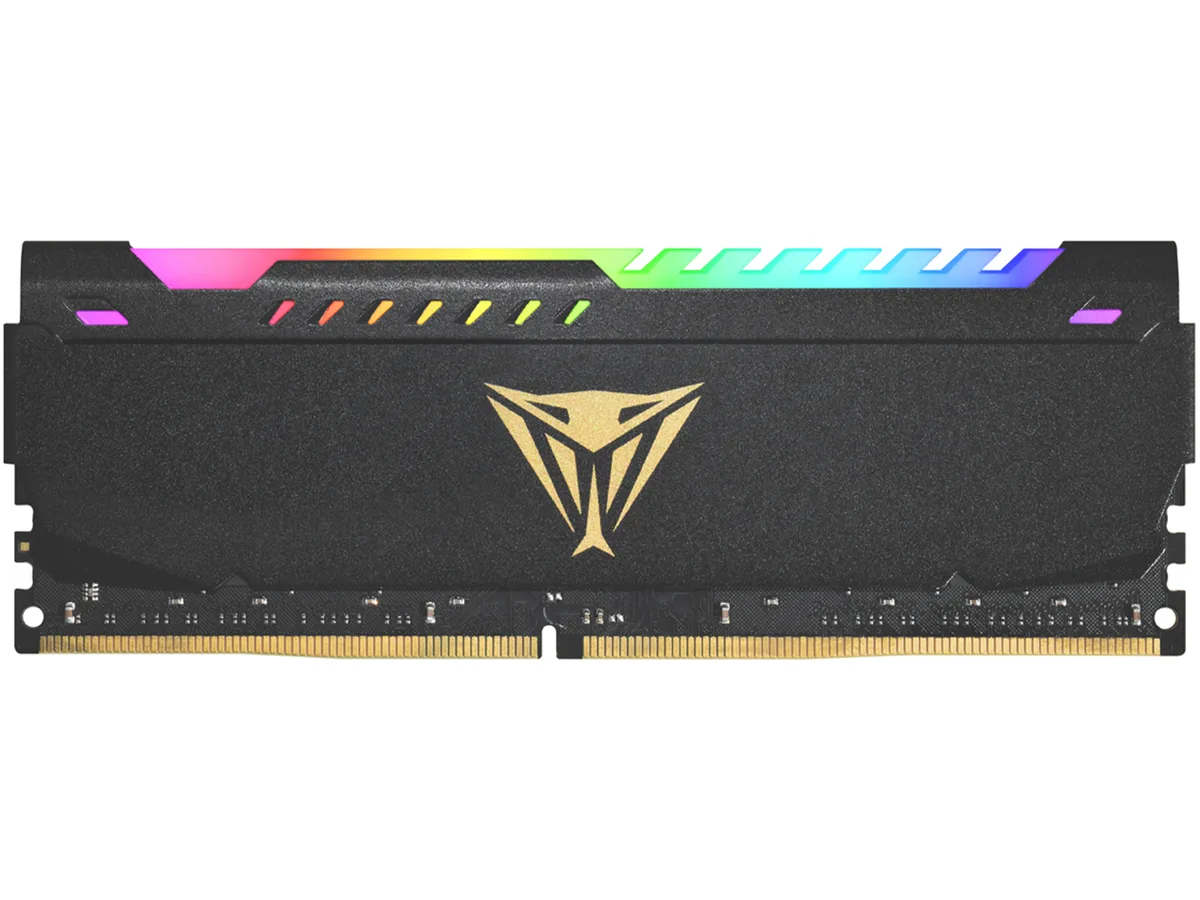Black aluminum heat spreader with gold Viper logo and RGB lighting on a 288-pin DDR4 module