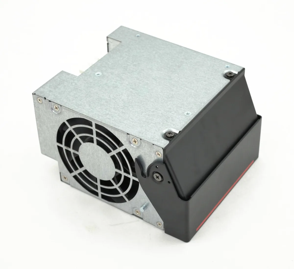 Black rectangular ATX power supply unit with fan grille and power socket