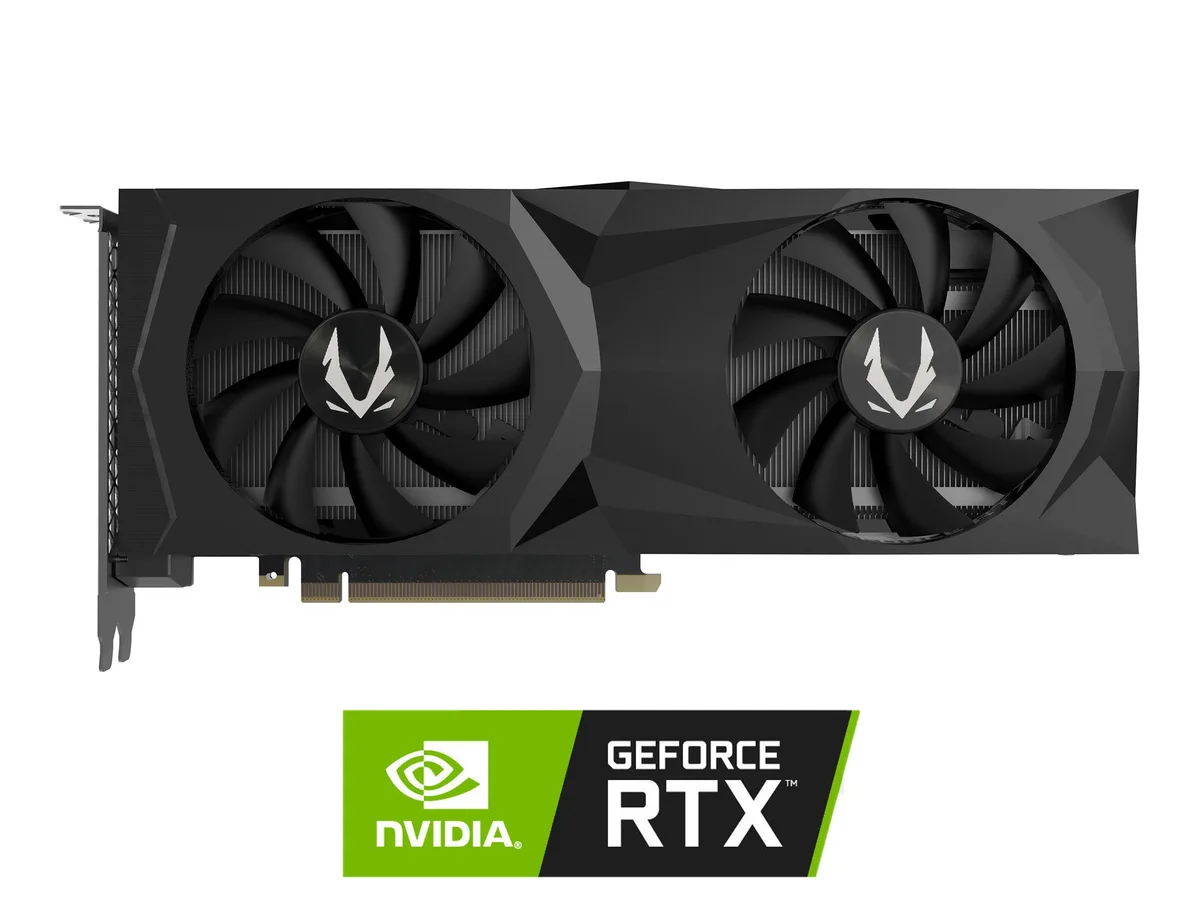 Black dual-fan graphics card with metal backplate and RGB lighting