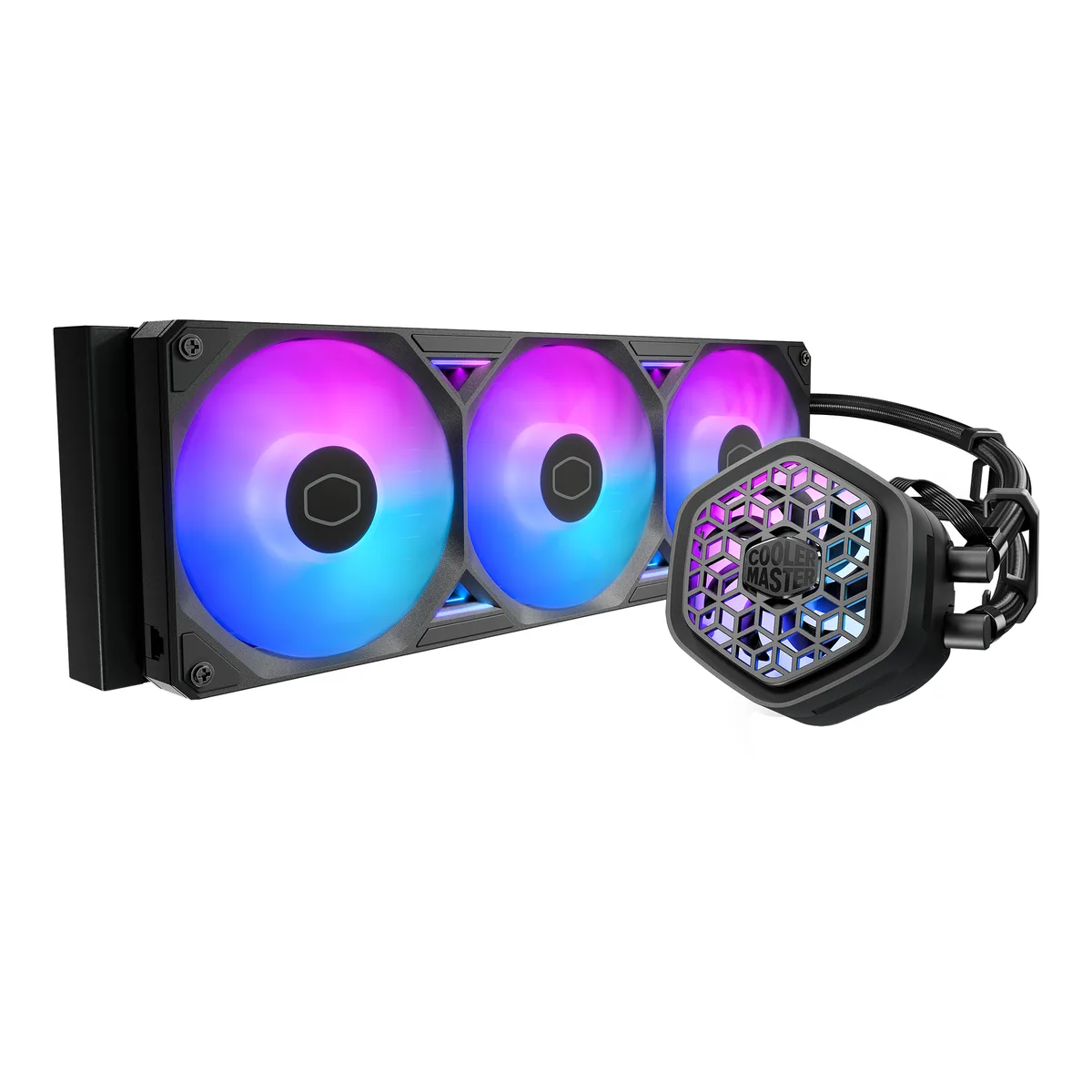 Black 360mm AIO radiator with three 120mm ARGB fans and a square pump block with magnetic cover