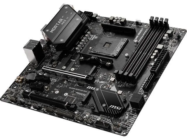Black Micro-ATX motherboard with silver heatsinks and four DDR4 slots