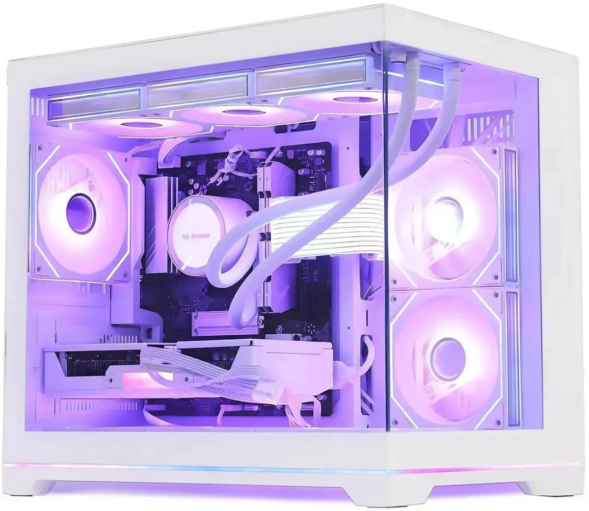 White mid-tower gaming desktop with 360 liquid cooler and ARGB fans