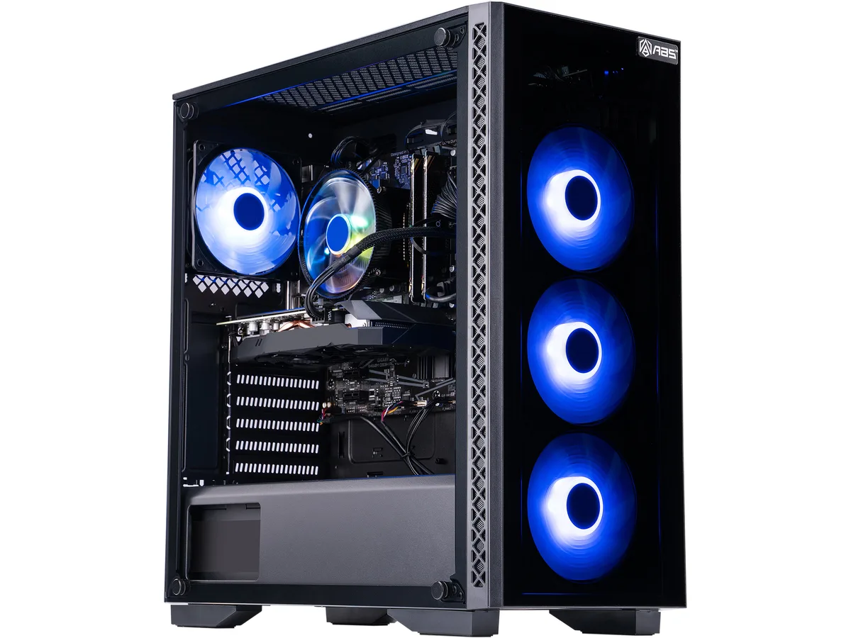 Mid-tower gaming desktop with RGB lighting and glass side panel