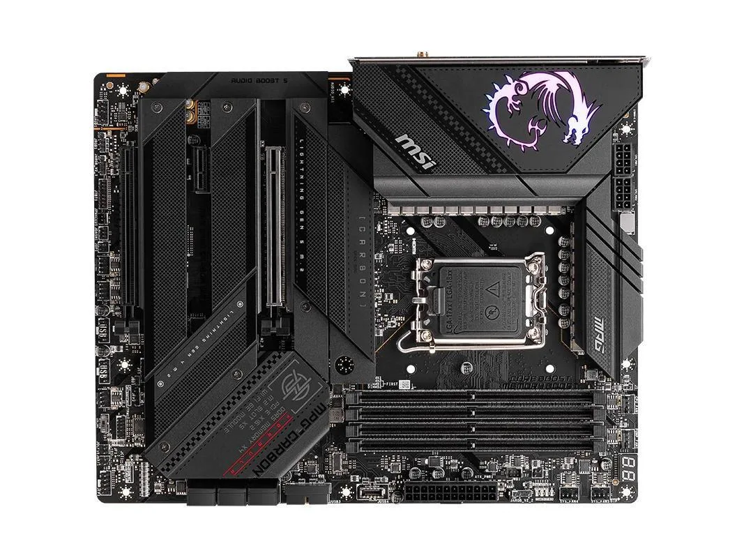 ATX motherboard in black carbon-finish with silver heatsinks and rear I/O shield