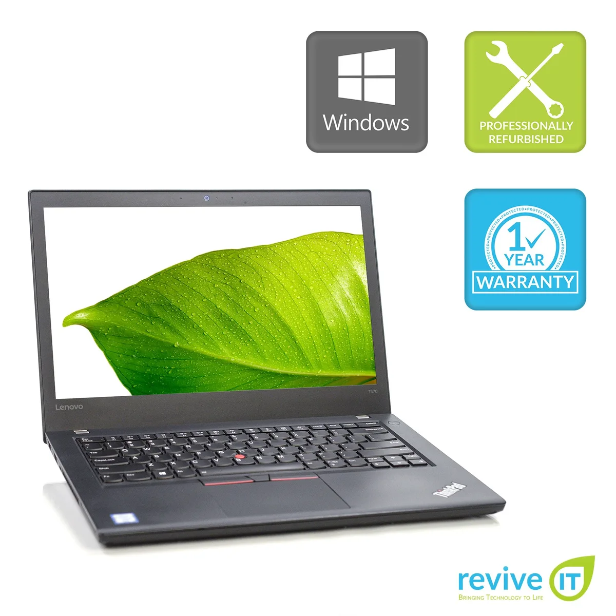 Black ThinkPad T470 laptop, 14 inch FHD matte screen, compact rectangular chassis
