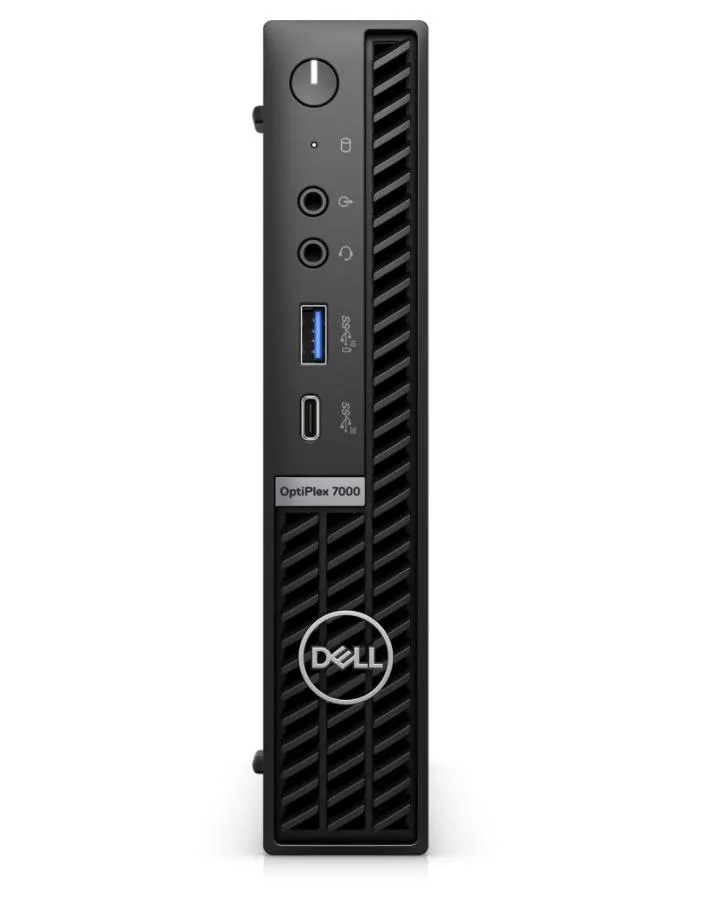 Small black rectangular desktop computer with silver front panel, micro form factor, matte finish