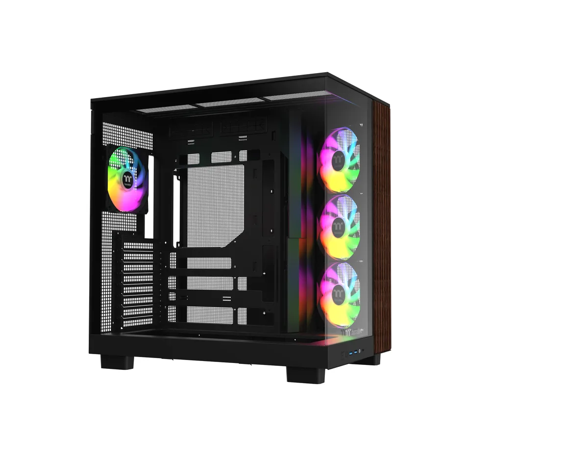 Black mid-tower case with stained wood side trim, tempered glass and mesh panels, four ARGB fans visible