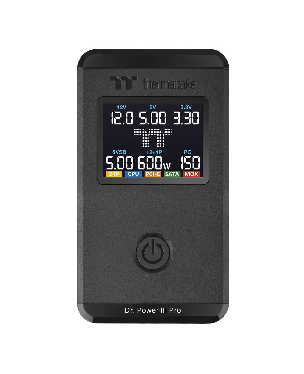 Black rectangular ATX power supply tester with color LCD display and multiple connector ports