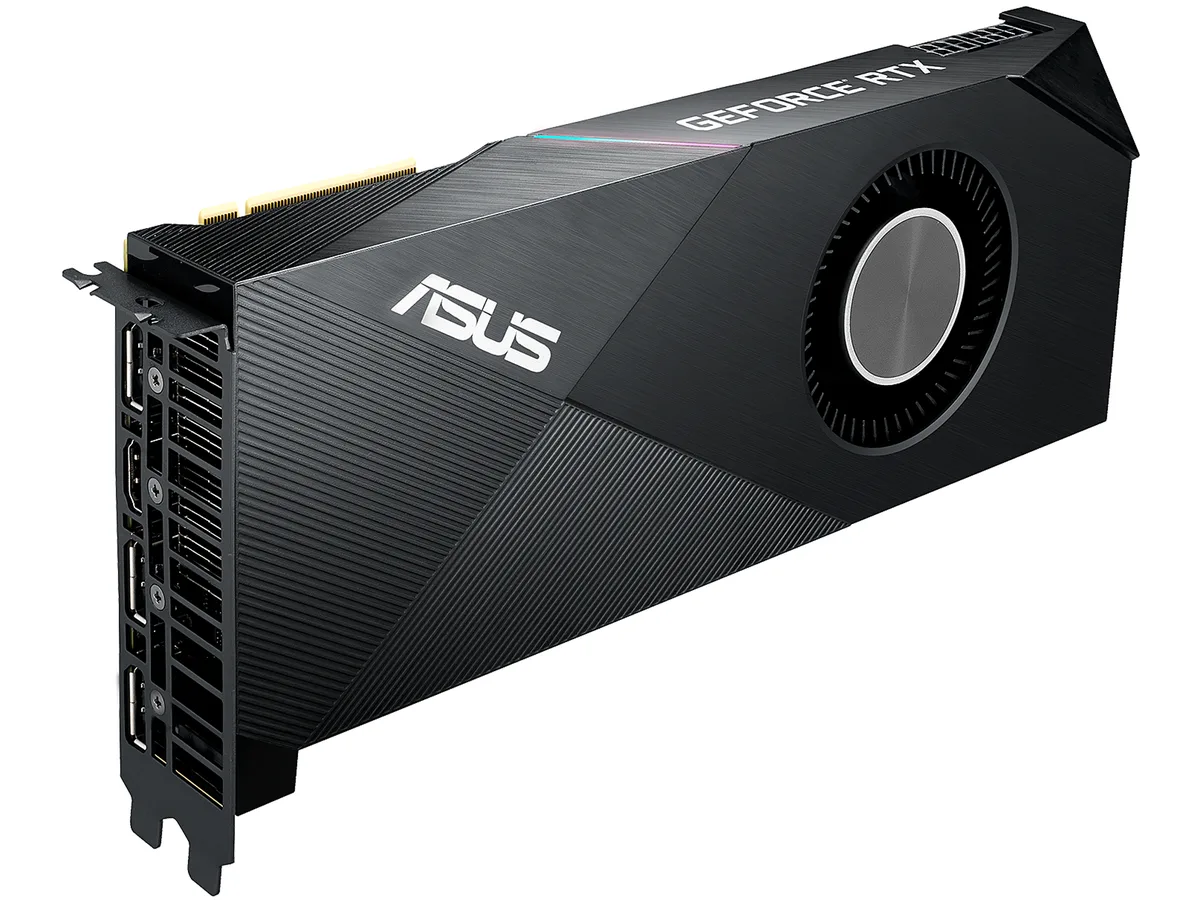 Black dual-slot graphics card with single axial fan and metal backplate