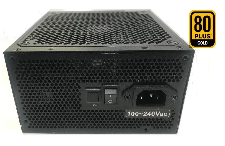 Black rectangular ATX power supply with 140 mm fan and modular cable sockets