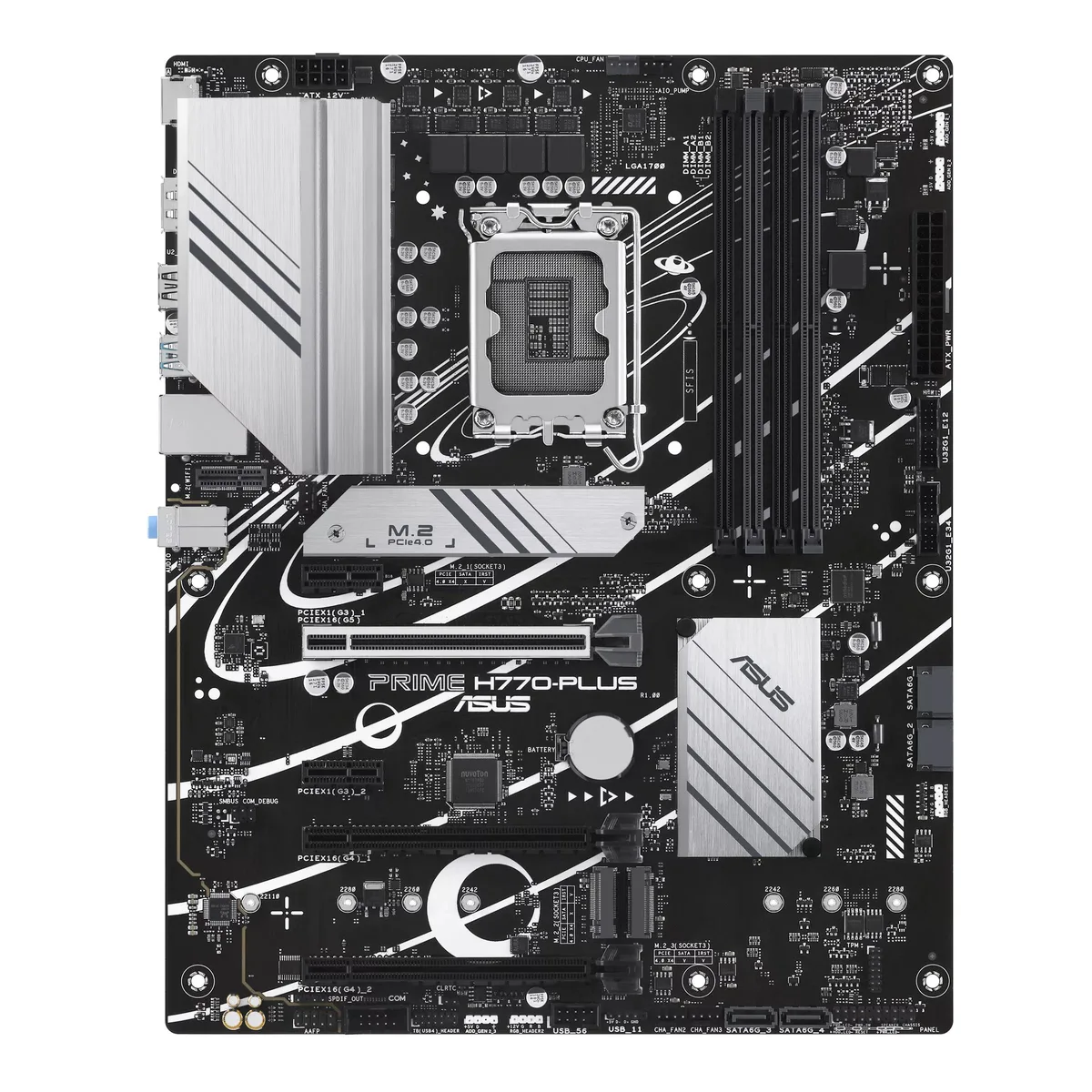 ATX motherboard with dark PCB, silver VRM heatsinks, black M.2 shields and silver rear I/O cover