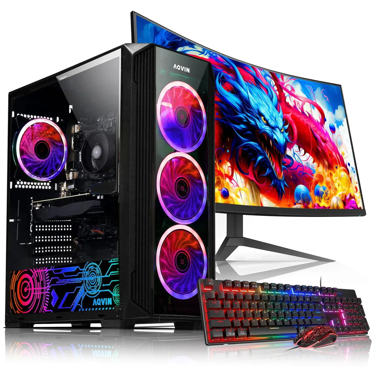 Black tower PC with side window plus 27-inch curved monitor, keyboard and mouse
