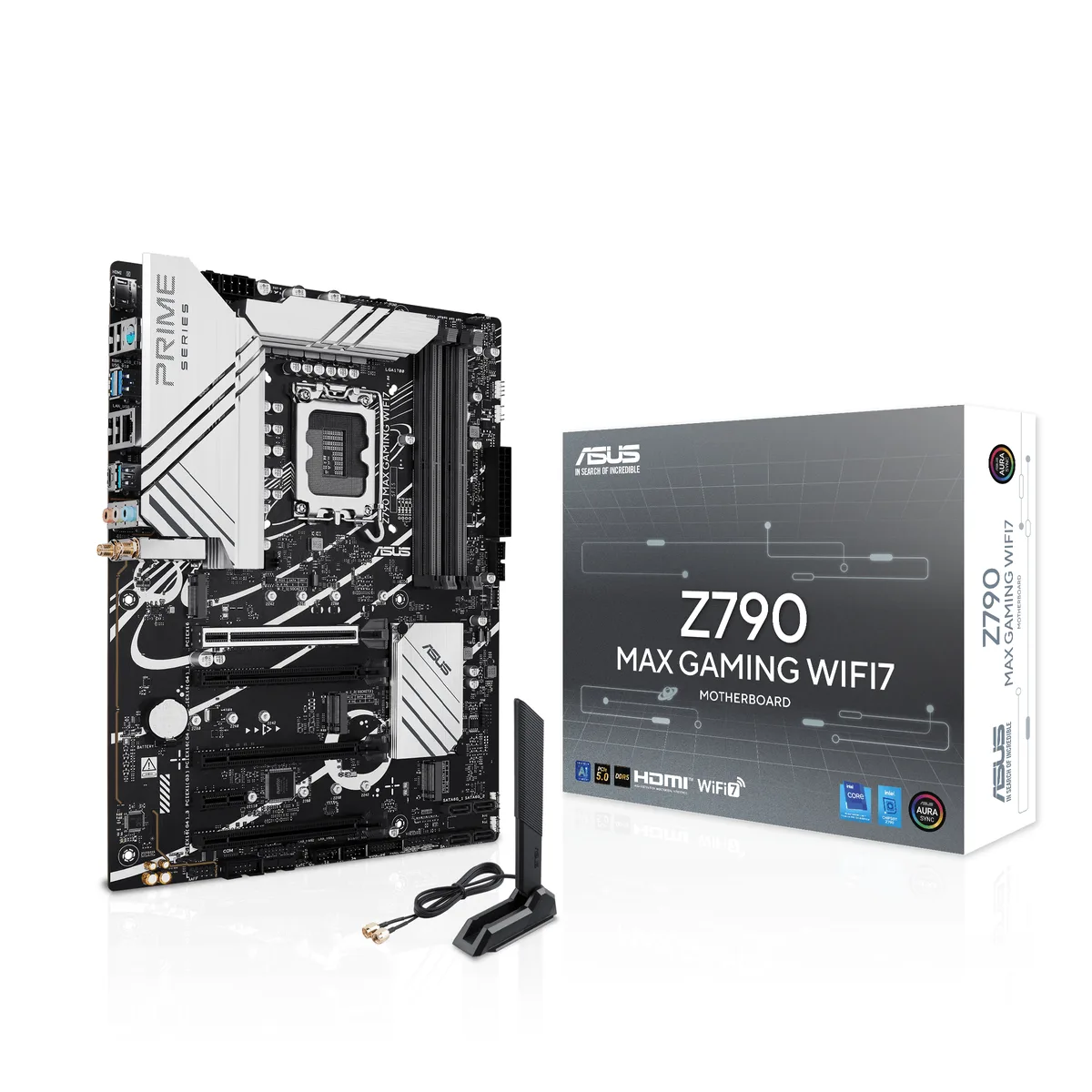 Black ATX motherboard with large silver VRM heatsinks and rear I/O shield
