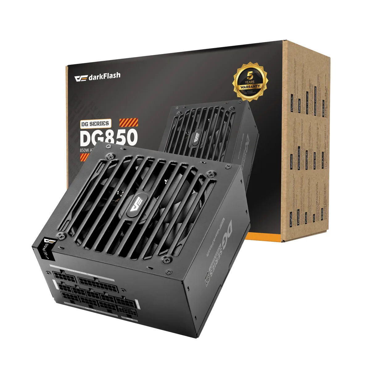 Black rectangular ATX power supply unit with fully modular cable ports and 120mm fan grille