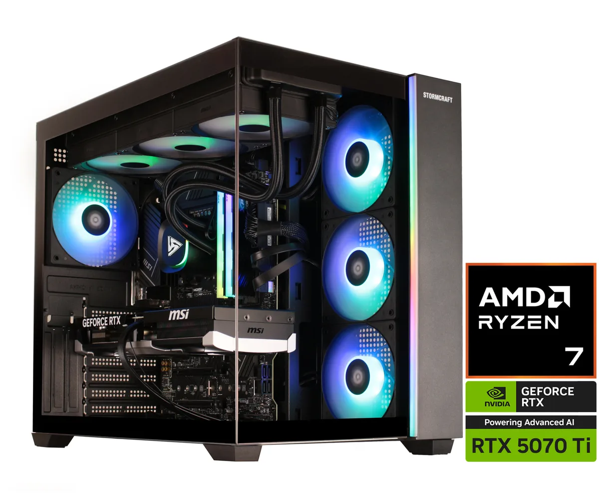 Black mid-tower gaming desktop with tempered glass side panel and RGB lighting visible inside