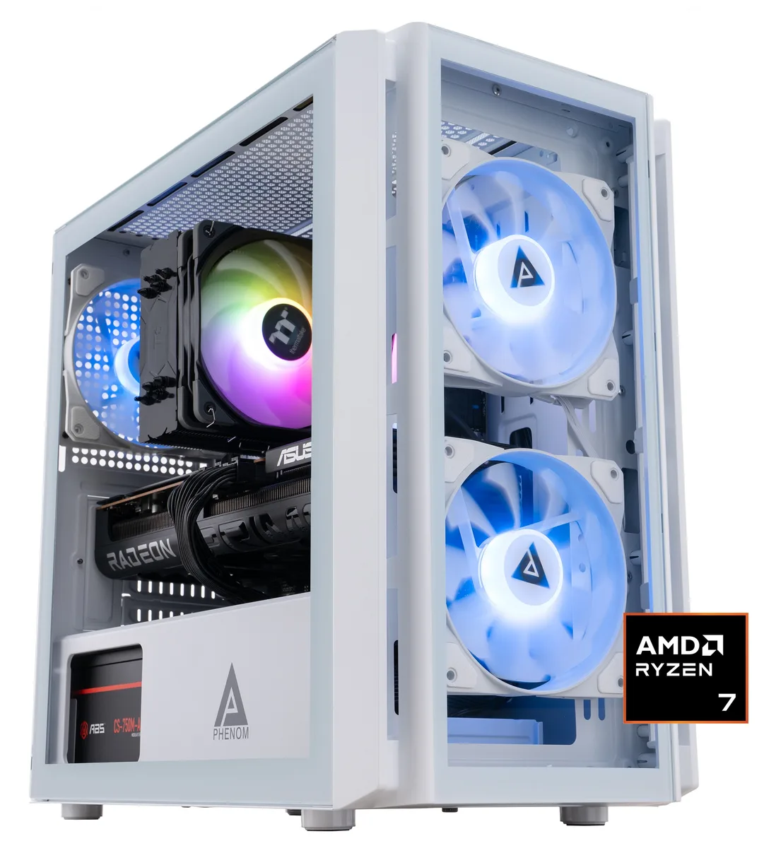 White micro tower gaming desktop with RGB memory visible inside