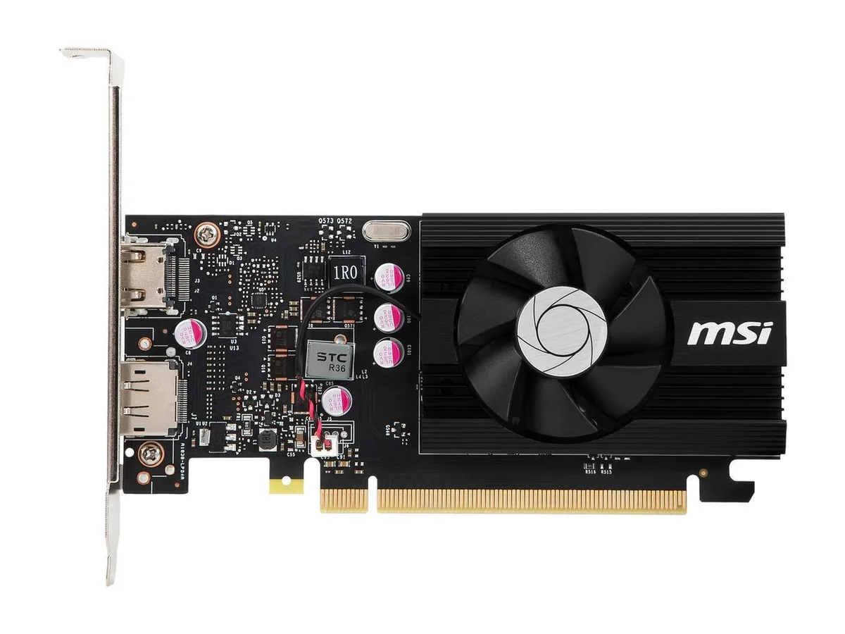 Low-profile graphics card with single fan, black shroud, HDMI and DisplayPort outputs