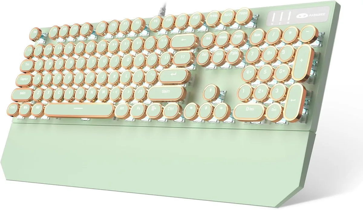White wired gaming keyboard with round keycaps, full-size layout, green retro punk styling