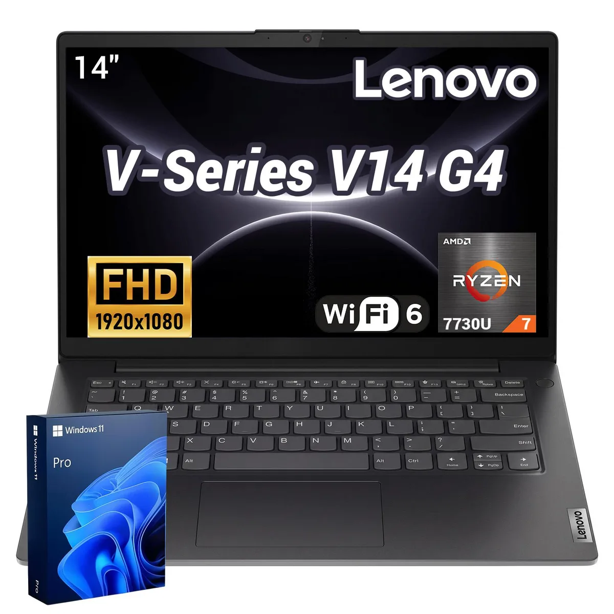 Black 14 inch Lenovo V14 laptop closed lid matte finish