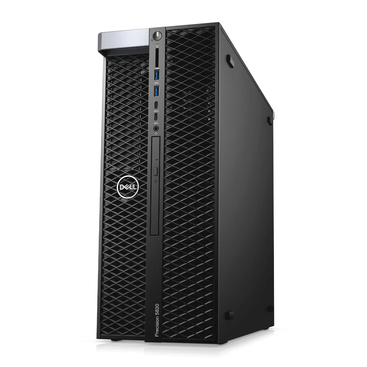 Tower workstation in dark grey metal with front power button and USB ports