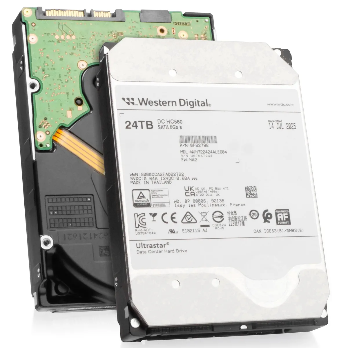 Silver 3.5-inch enterprise hard drive with top label showing Western Digital Ultrastar DC HC580 24TB model