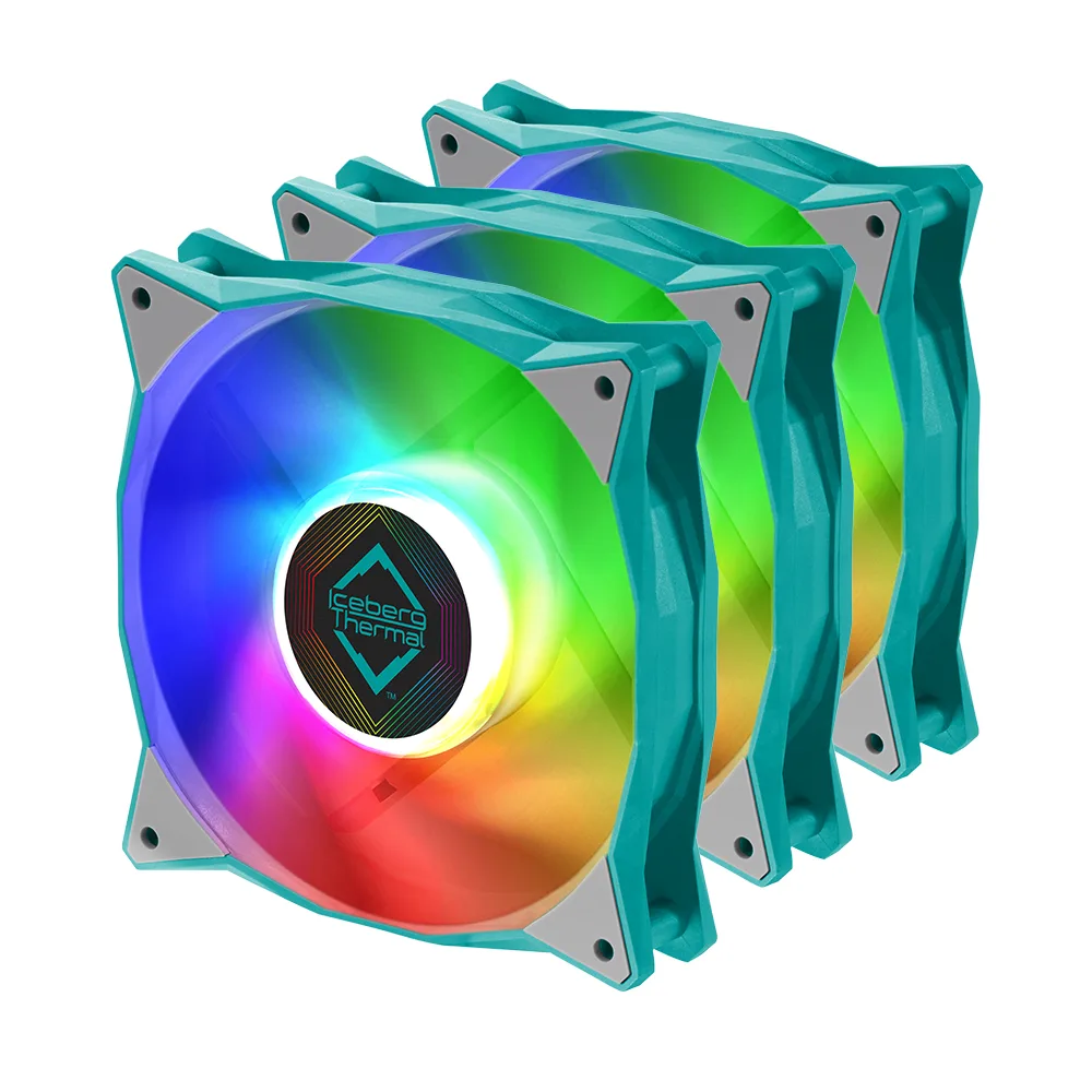 Three teal 120 mm ARGB case fans with black frames and translucent blades shown together
