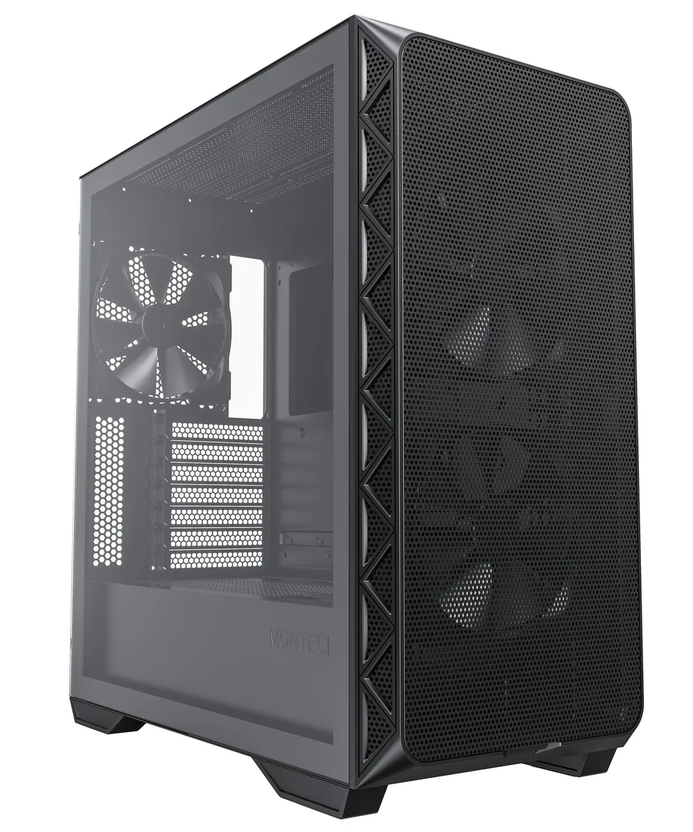 Black mid-tower case with mesh front panel, tempered glass side, three 140mm fans visible