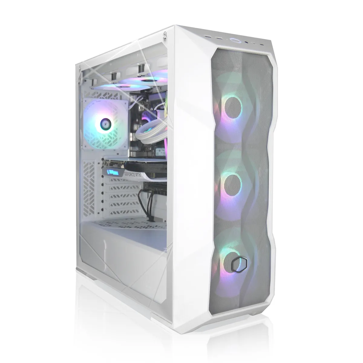 White mid-tower gaming desktop with ARGB fans and 360mm liquid cooler