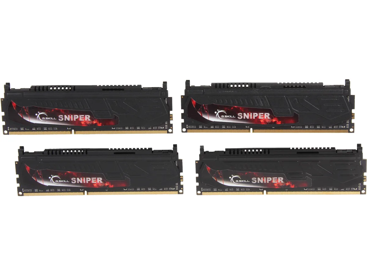 Four black DDR3 sticks with low-profile heat spreaders