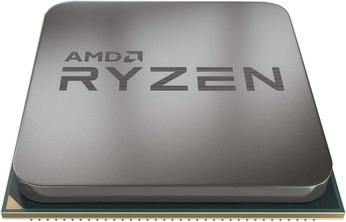 Square green desktop CPU with gold contact pads and silver heat spreader engraved Ryzen 5 PRO 4655G