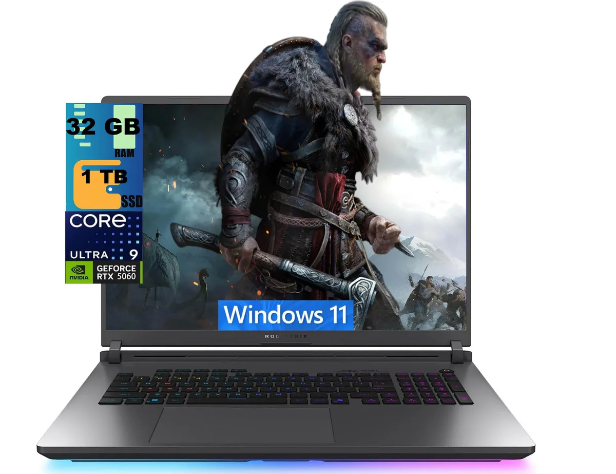 Black 18 inch gaming laptop with RGB keyboard and thin bezels