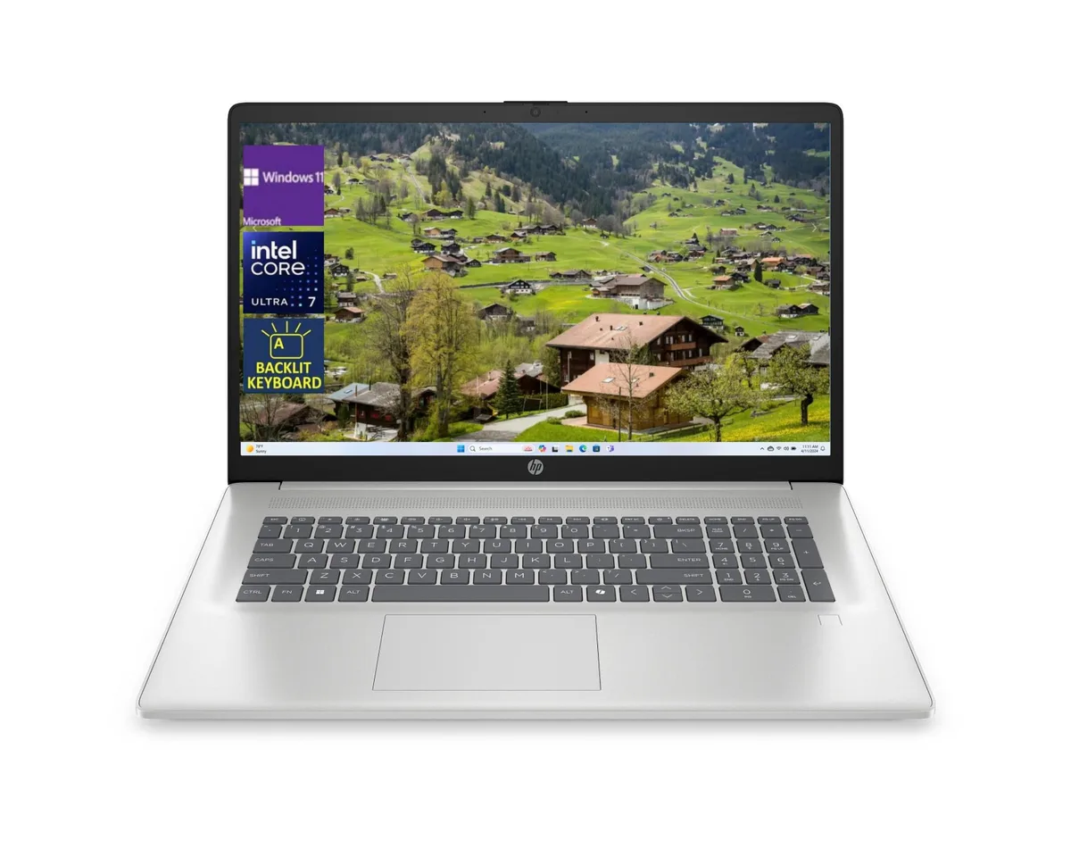 Silver 17.3 inch laptop with full-size backlit keyboard and numeric keypad
