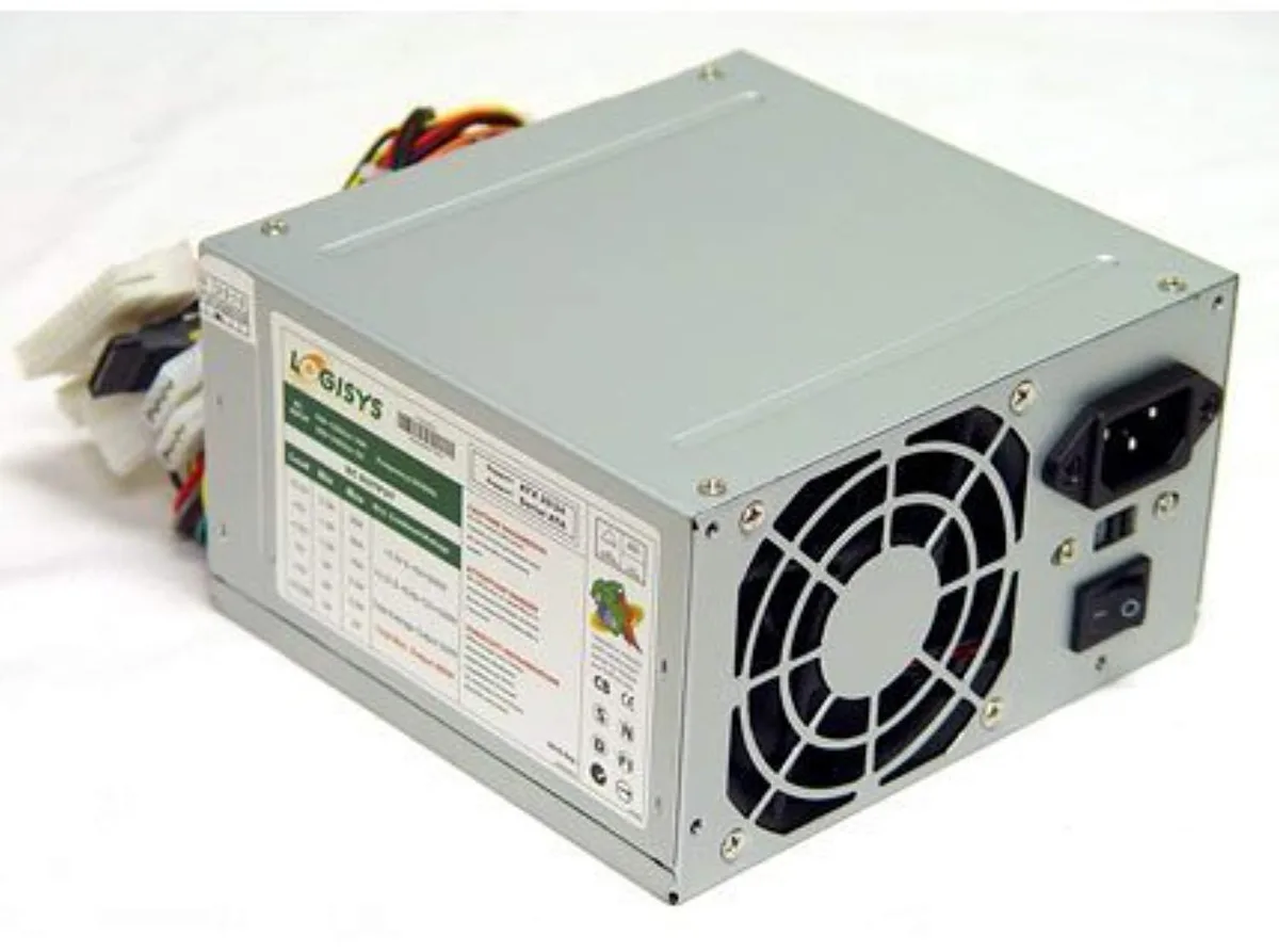 Grey ATX power supply unit with single fan and power switch